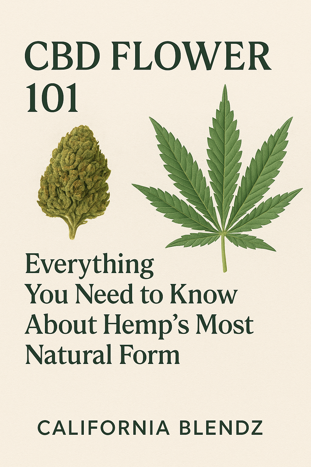 Promotional graphic for “CBD Flower 101” featuring bold text, a detailed CBD hemp bud, and a green hemp leaf on a neutral background, highlighting California Blendz’s beginner-friendly guide to natural hemp use.