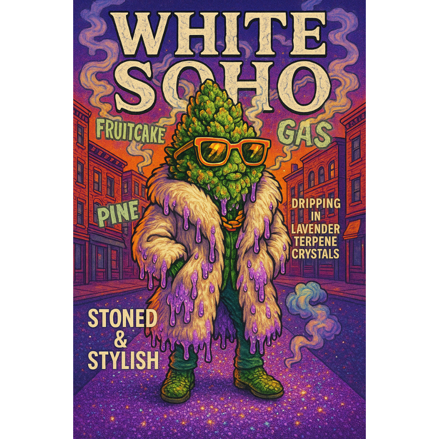 Stylized illustration of White Soho THCa flower as a fashionable cannabis character dripping in lavender terpene crystals, surrounded by words like 'Fruitcake', 'Gas', and 'Pine'—highlighting terpene richness and creative branding