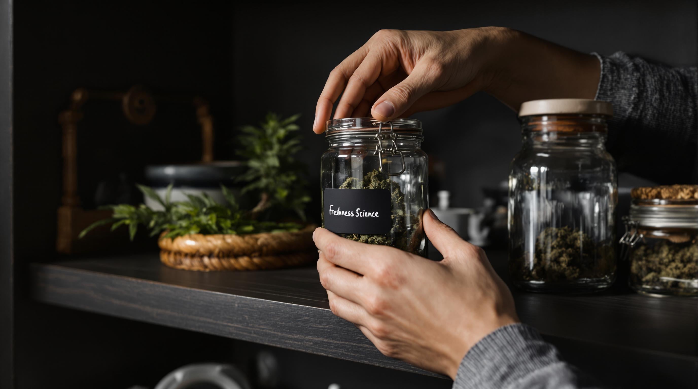 Person storing cannabis jar on dark shelf for freshness
