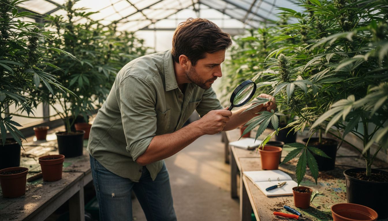 Botanist examining cannabis plant in greenhouse
