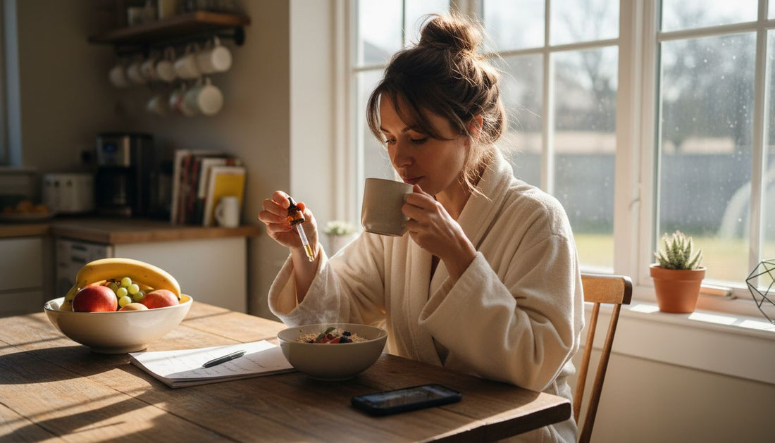 Woman adding CBD oil to oatmeal in sunlit kitchen