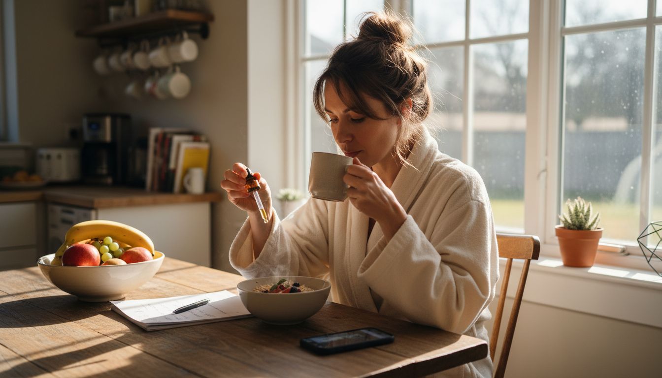 Woman adding CBD oil to oatmeal in sunlit kitchen