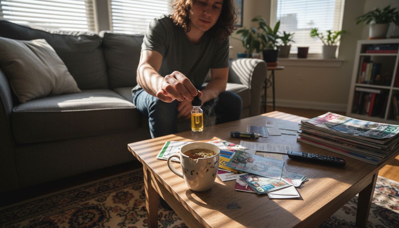 Young adult with CBD oil in living room