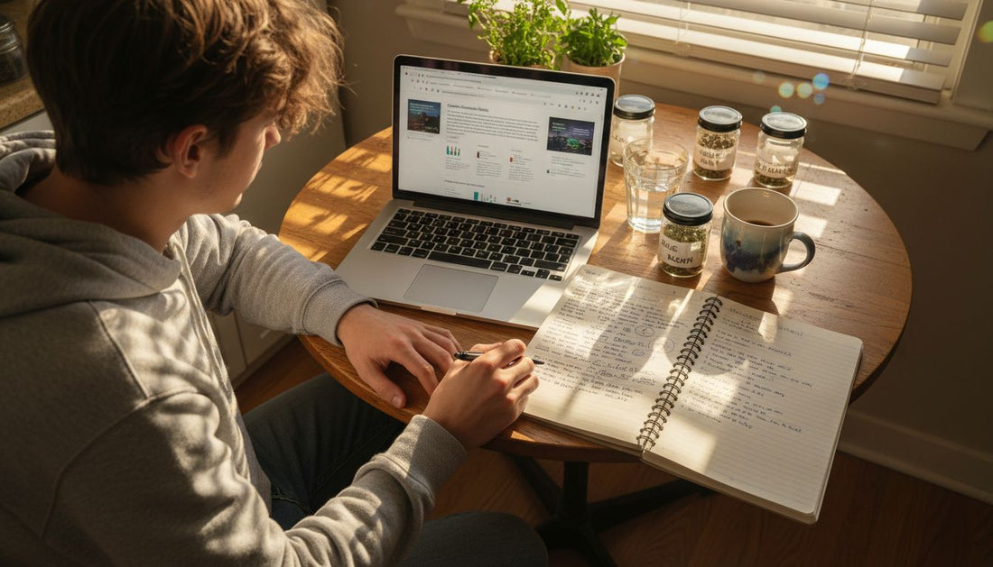 Person researching cannabis strains at home table