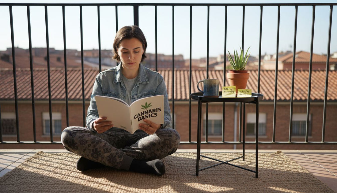 Beginner reading about cannabis on apartment balcony