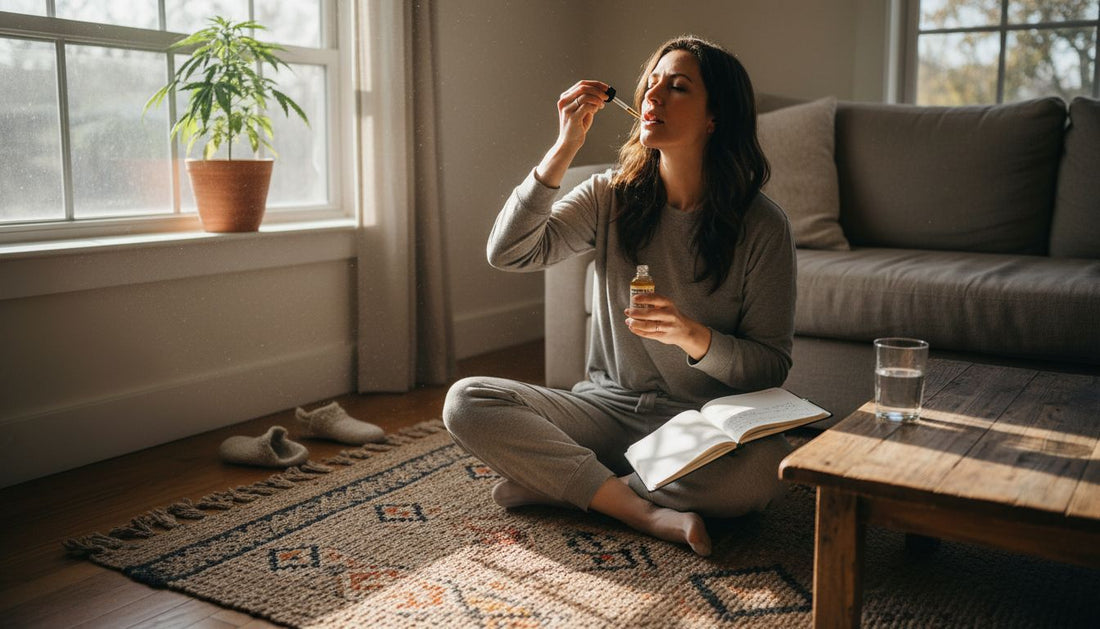 Woman takes CBD oil in sunlit living room