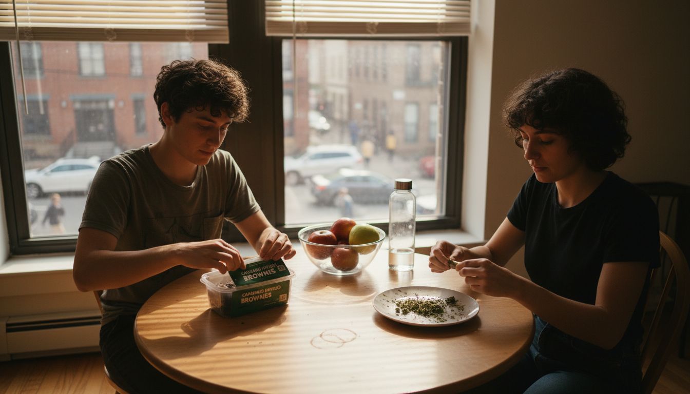 People preparing cannabis edibles and smoking flower