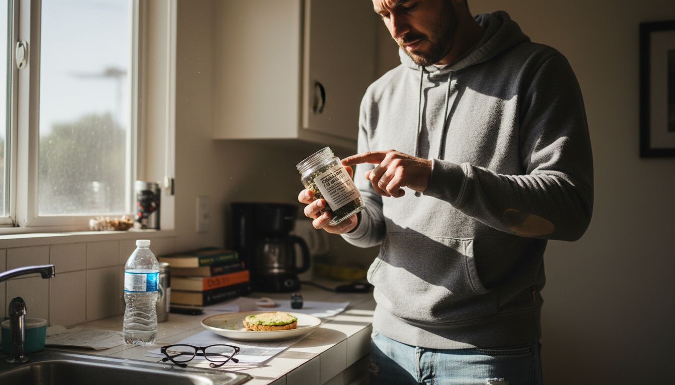 Man closely studies cannabis label in kitchen