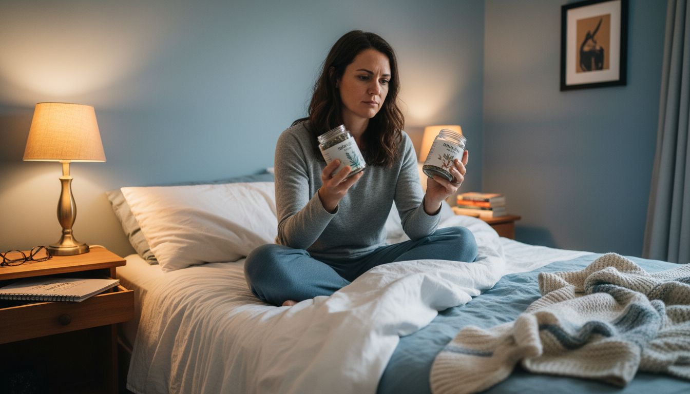 Woman comparing cannabis products for sleep in bedroom