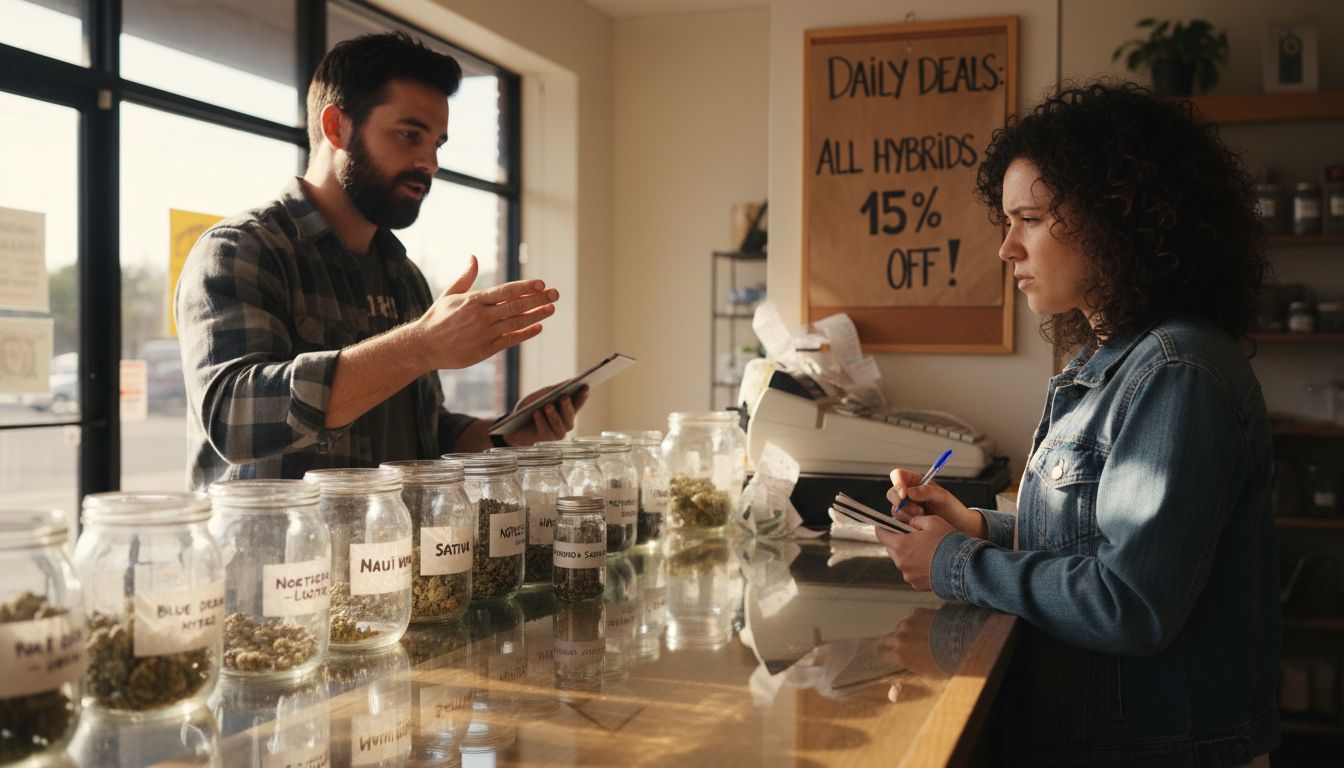 Budtender discussing hybrid strains at dispensary counter