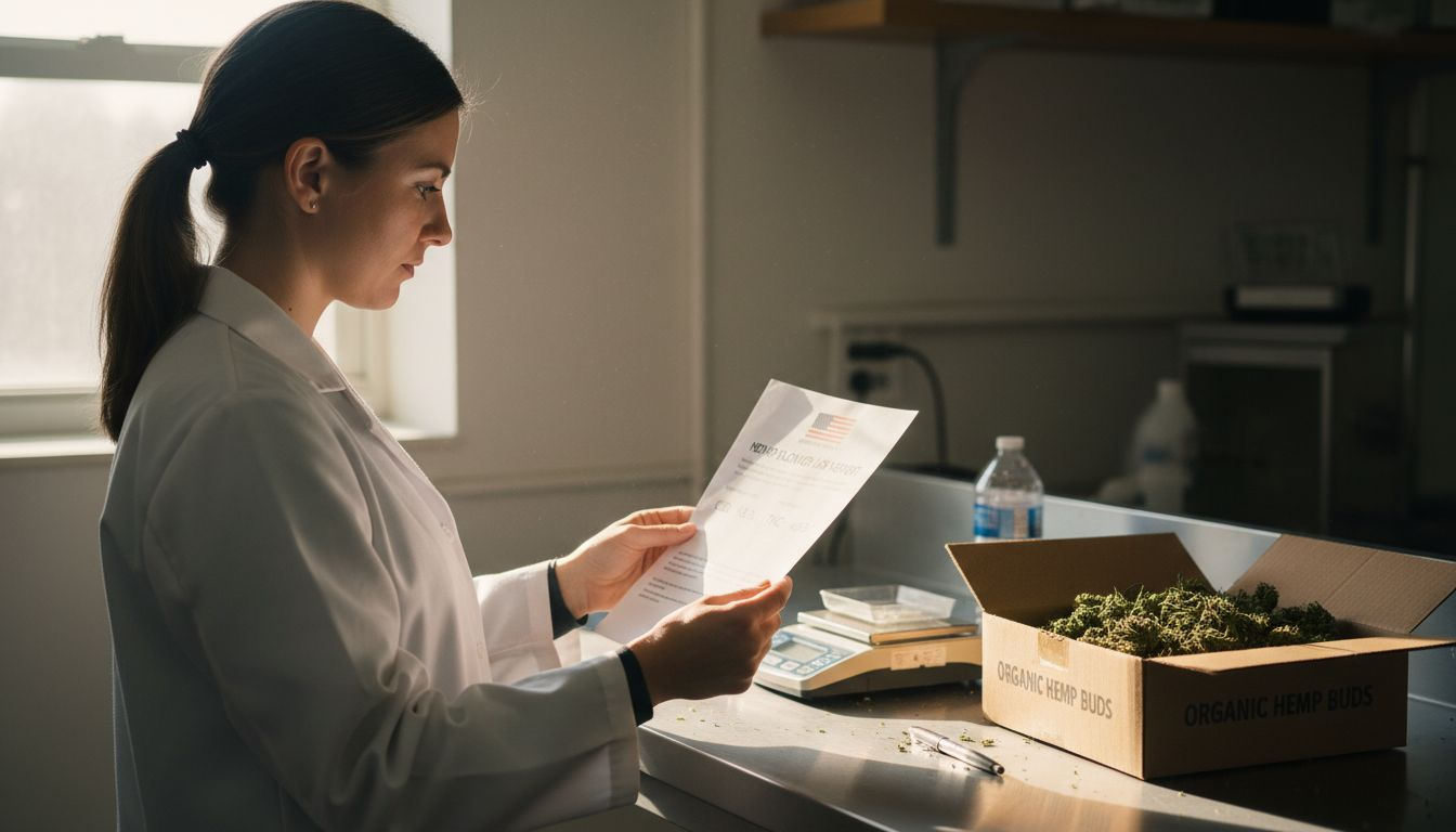 Lab technician checking hemp flower report