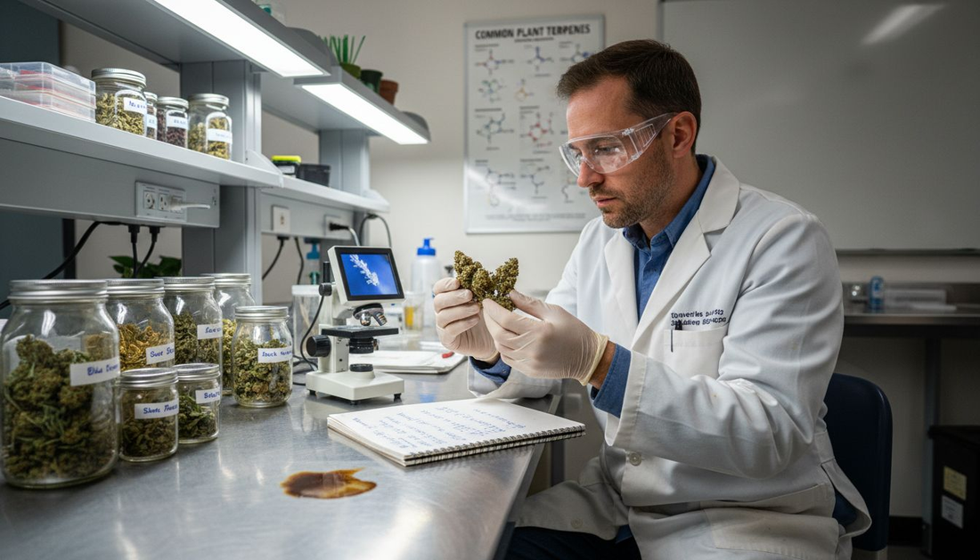 Botanist examining hemp flower aroma in lab