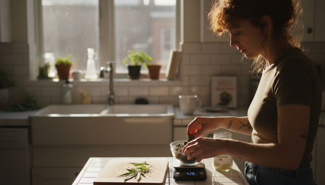 Woman preparing cannabis infusion in bright kitchen
