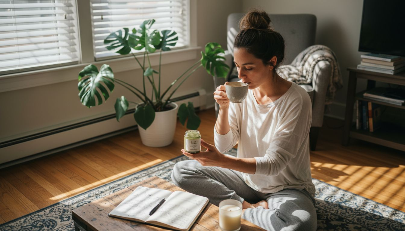 Woman using cannabis in sunny home wellness routine