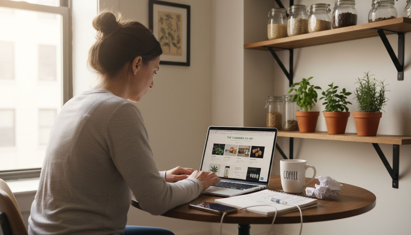 Woman shops cannabis online at kitchen table