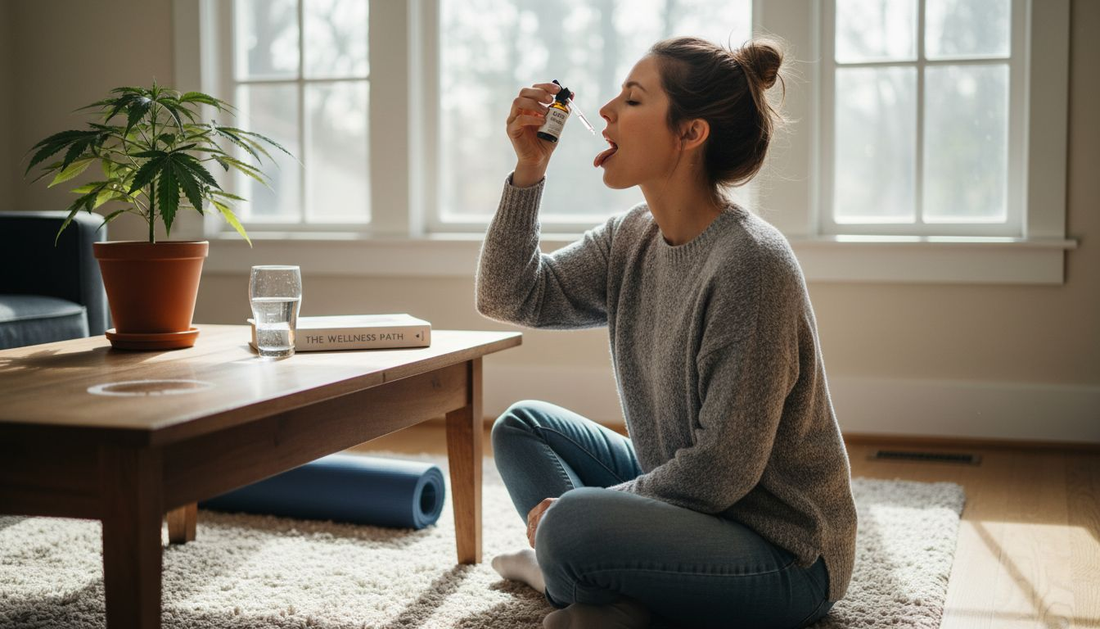 Woman taking CBD oil in sunny living room