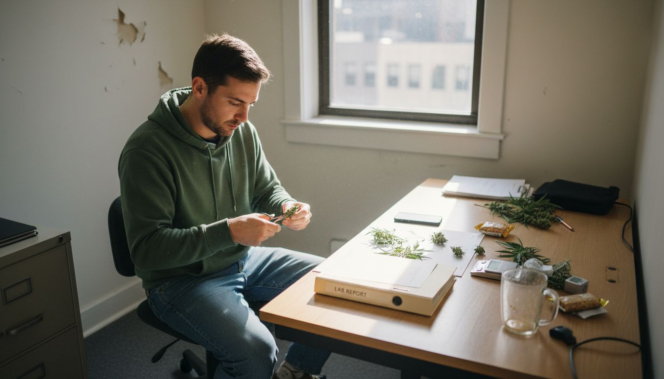 Man trimming hemp flower at sunny desk