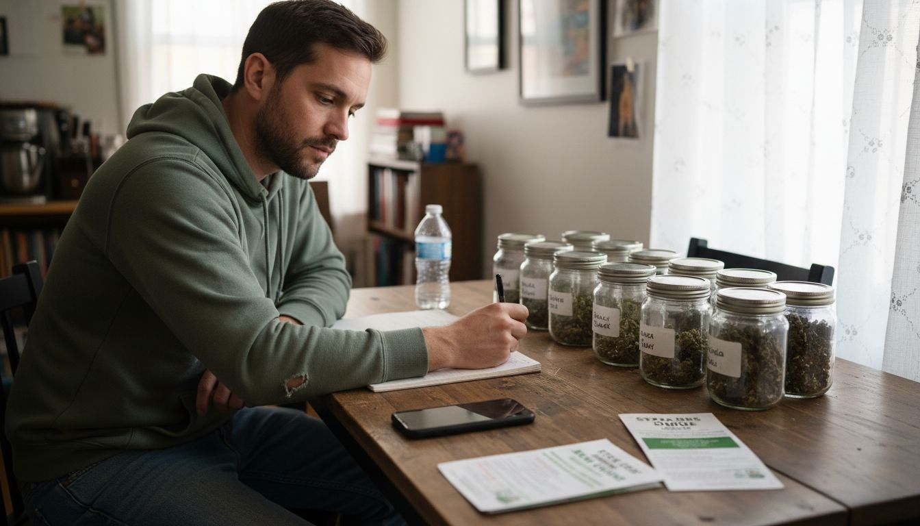 Man reviewing cannabis jars at home table