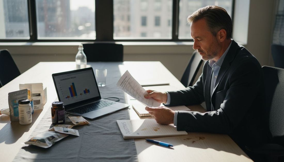 Man studying cannabis lab reports in office