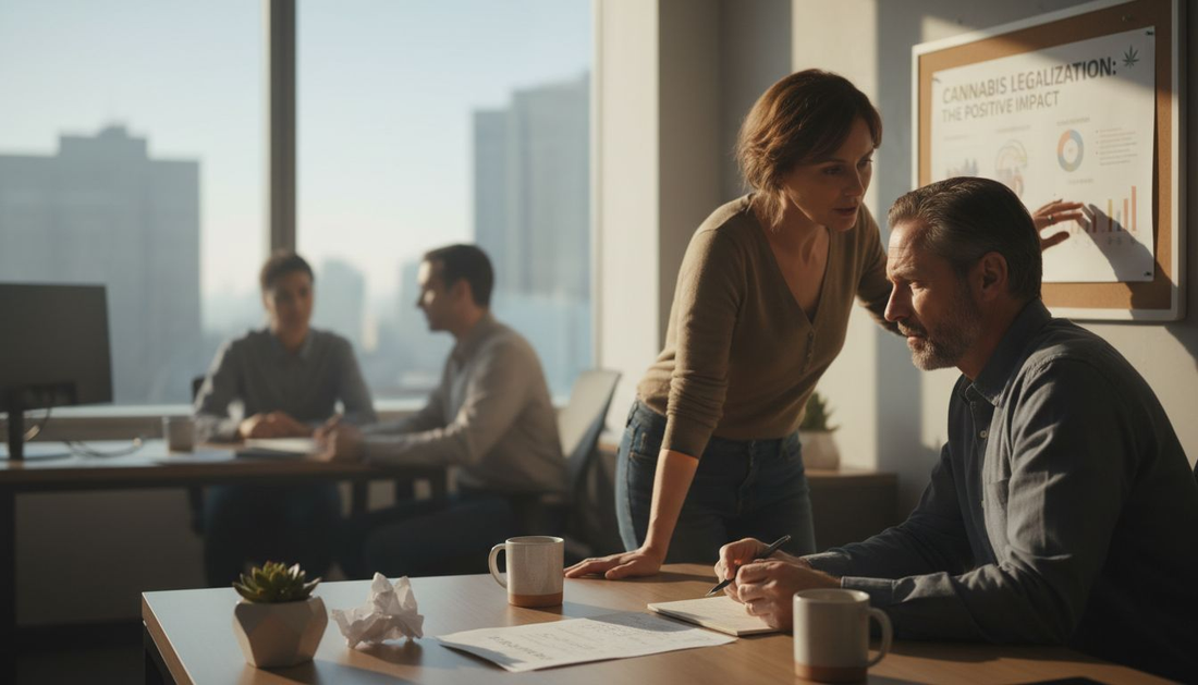 Two colleagues discussing cannabis stigma in office
