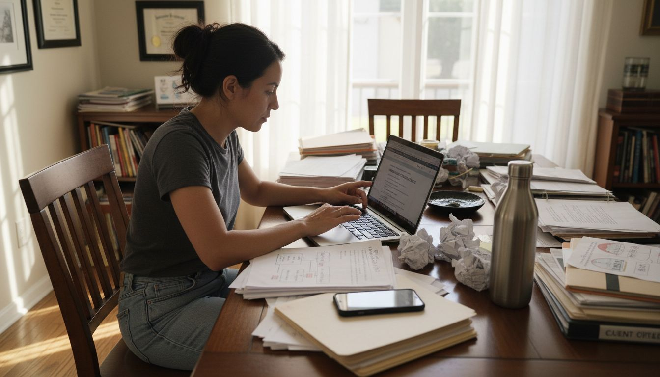 Woman researching hemp laws at dining table