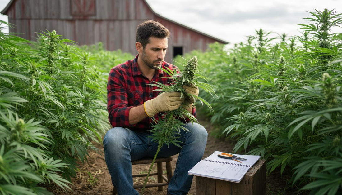 Botanist inspecting hemp flower outdoors