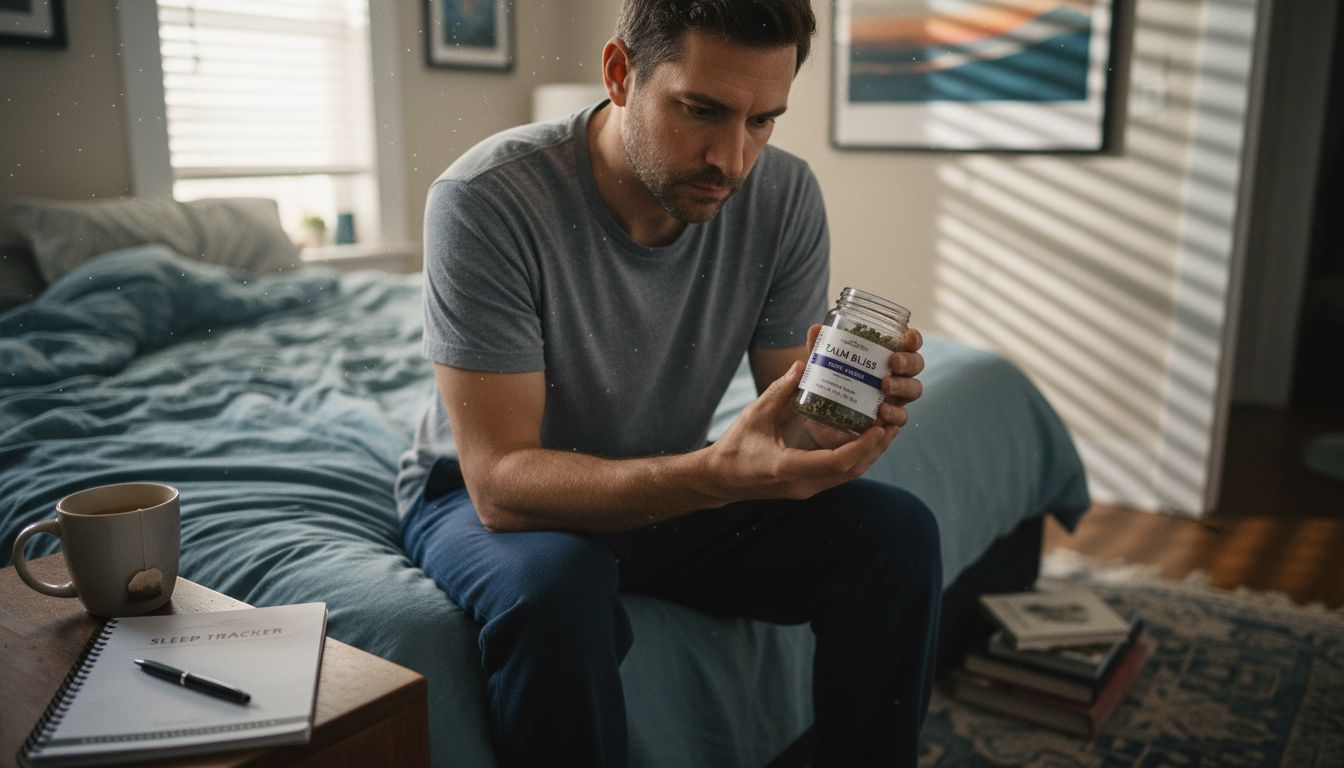 Man examining cannabis jar for sleep aid