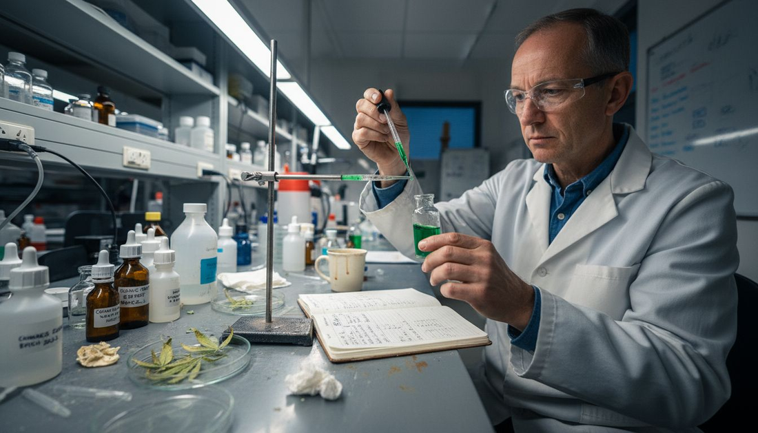 Scientist analyzes cannabis sample in biology lab