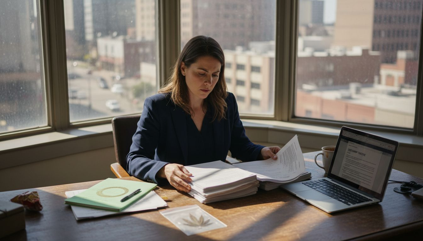 Legal professional reviewing hemp documents in office