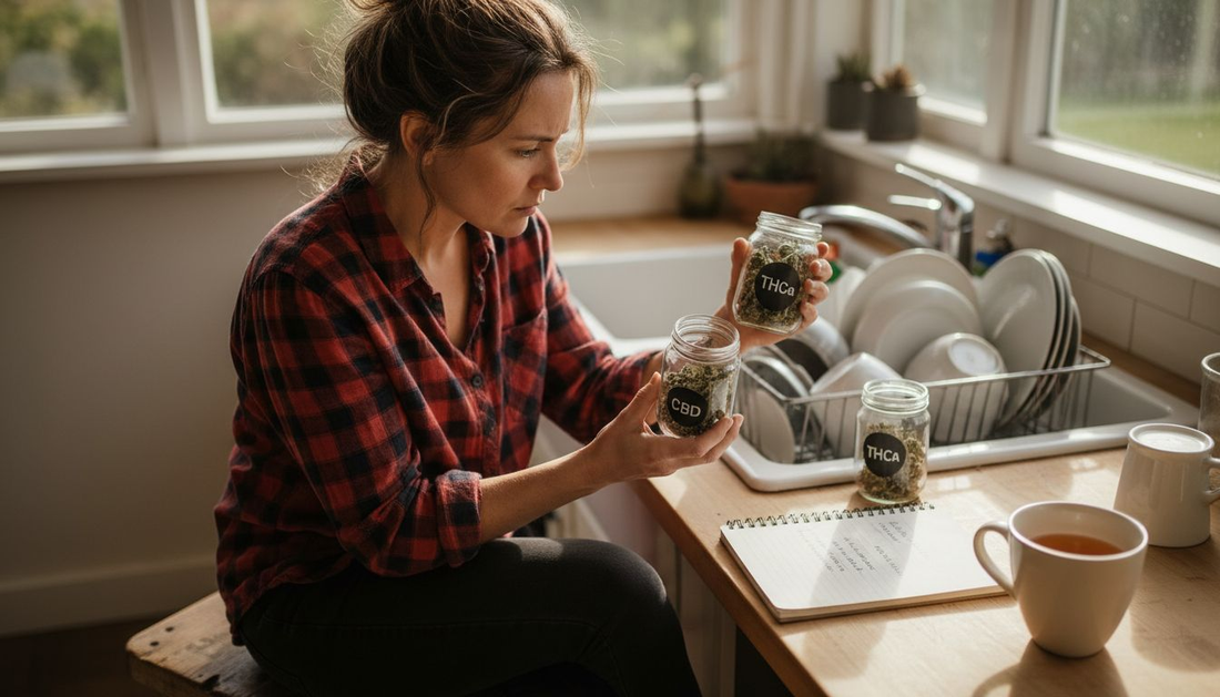 Woman comparing CBD and THCa flower jars