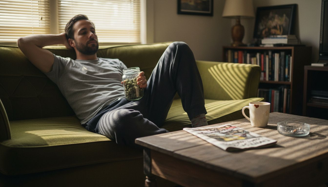 Man relaxing with CBD flower in living room
