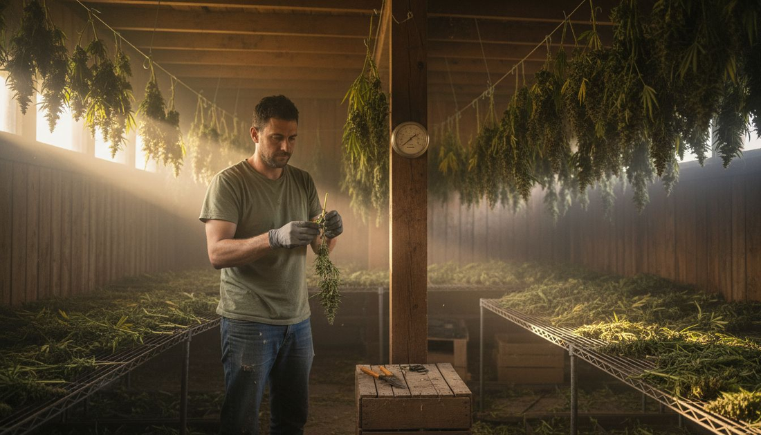 Cultivator checking drying hemp flowers in barn