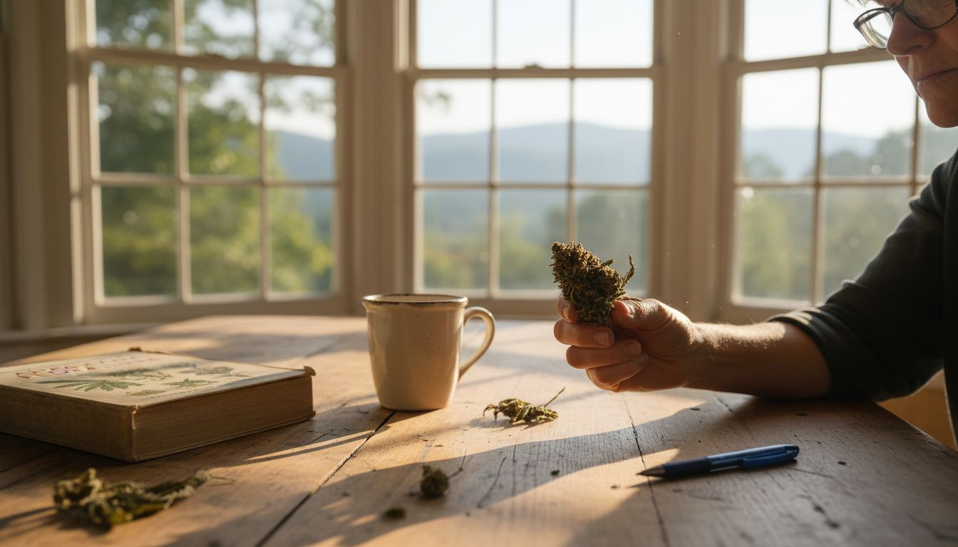 Person examining CBD hemp flower on table