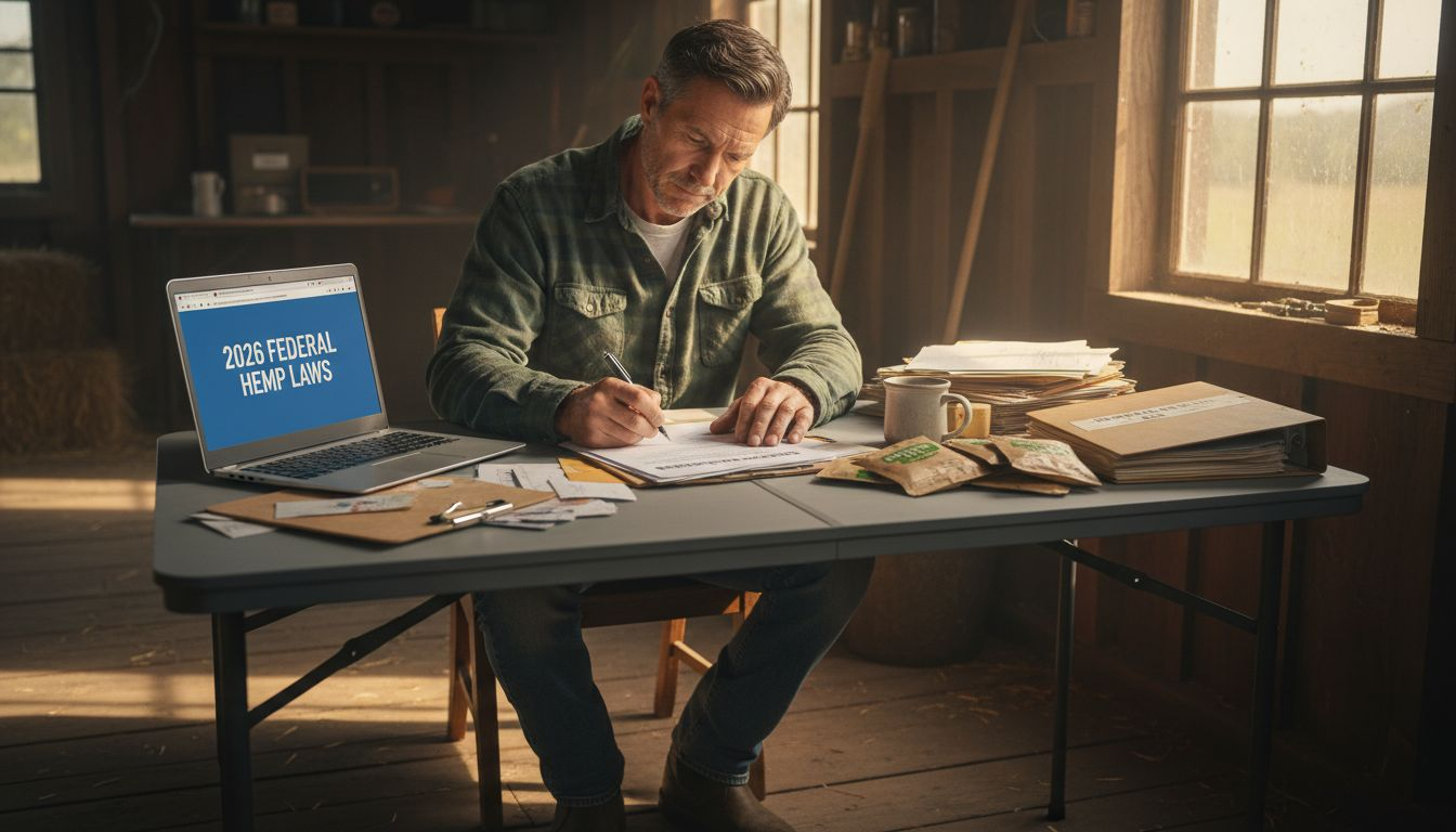 Hemp farmer reviews legal documents in barn office