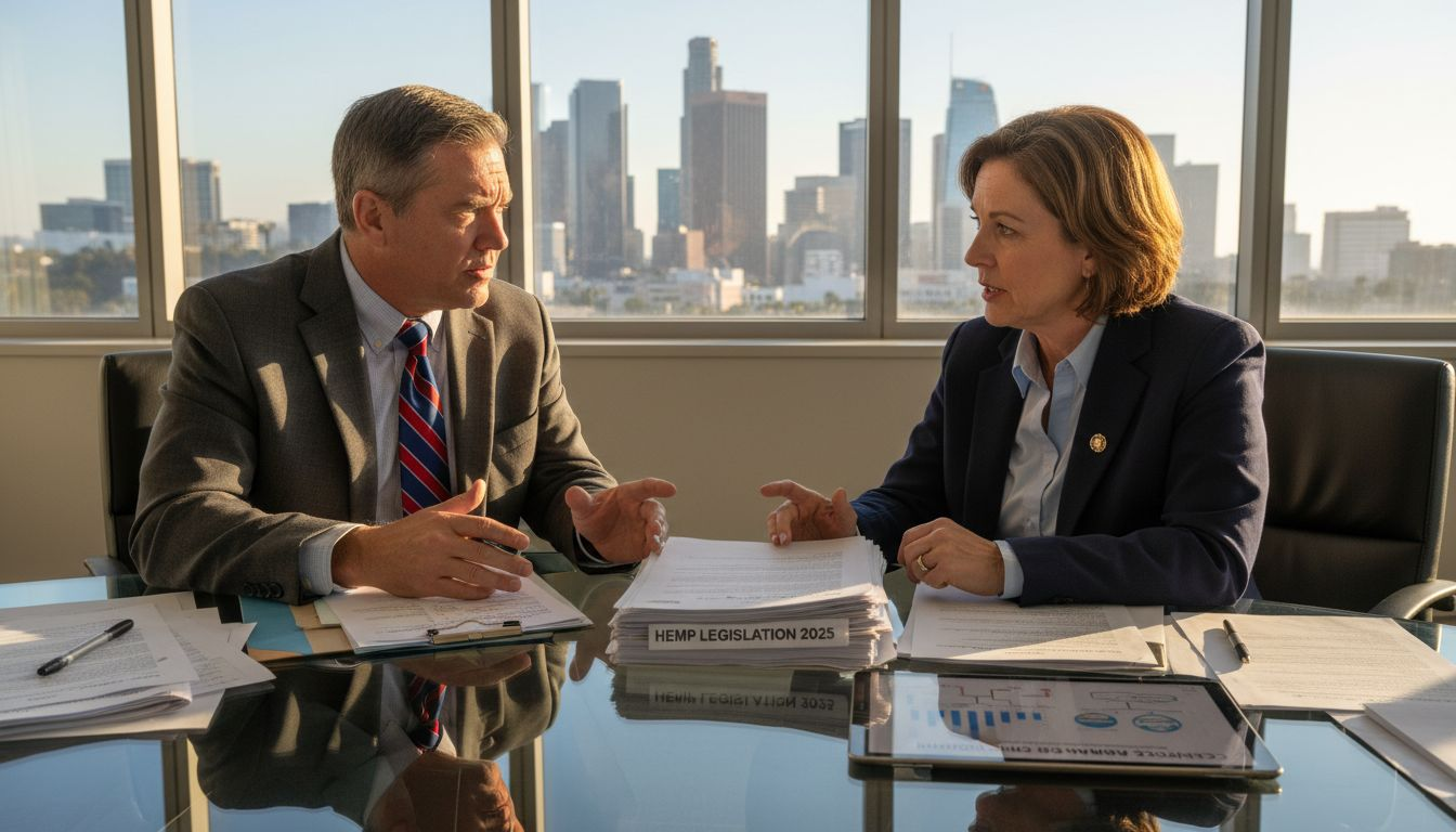 Regulators discuss hemp law documents in office