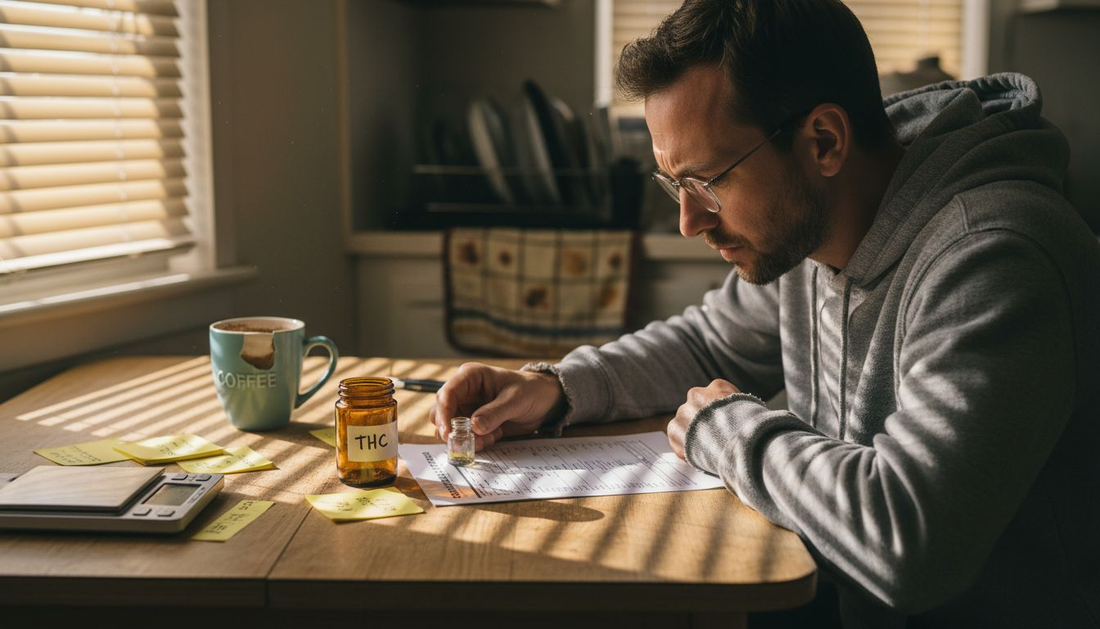 Man reading cannabis product lab report