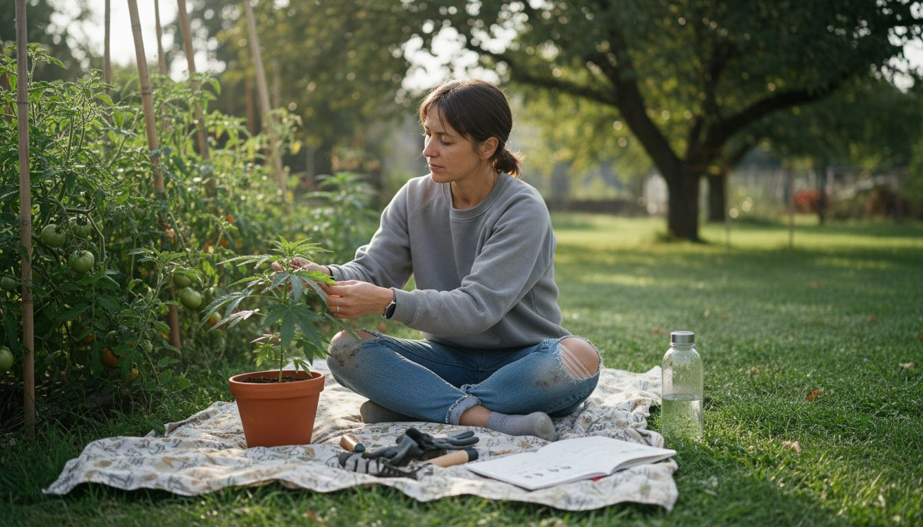 Woman inspecting cannabis plant in backyard garden