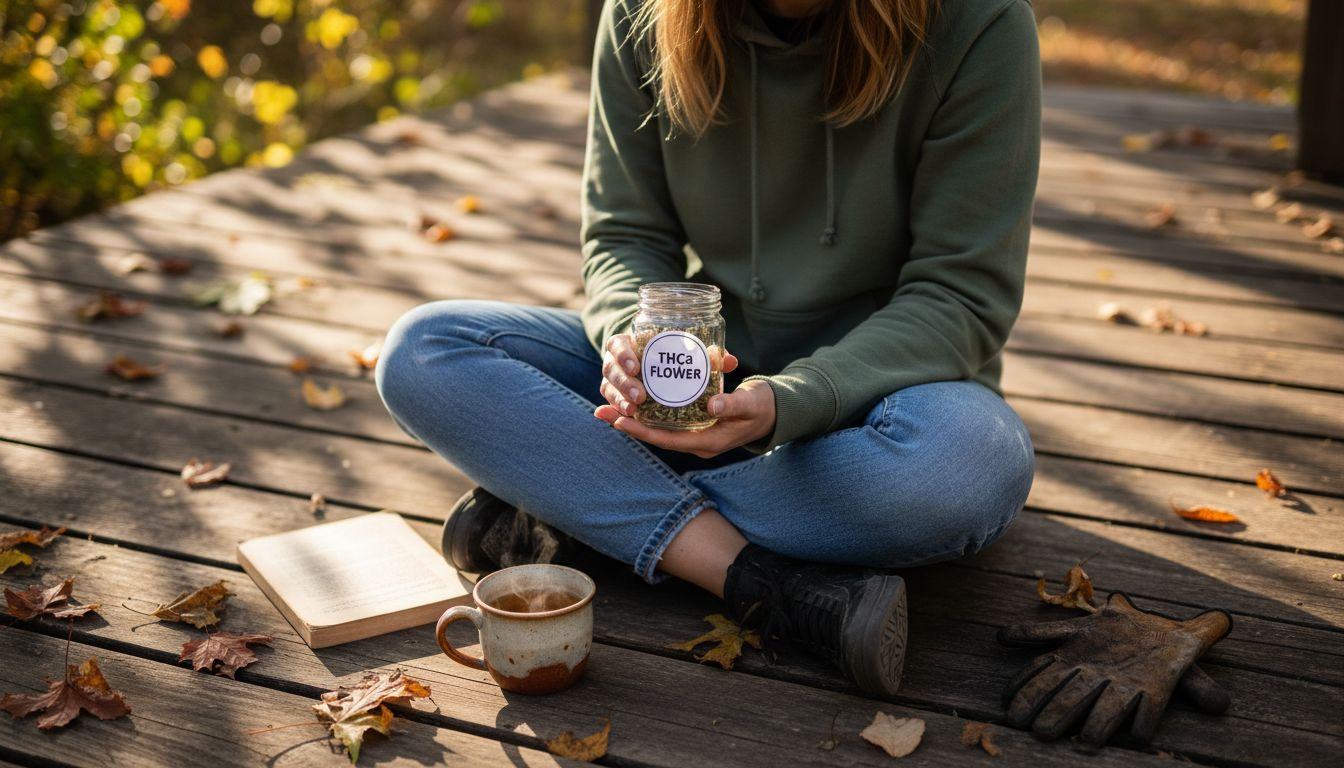 Woman holding THCa flower jar outdoors