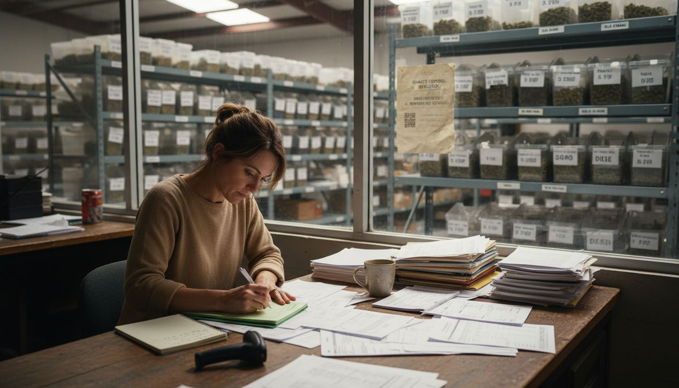 Woman verifying cannabis supply records at desk