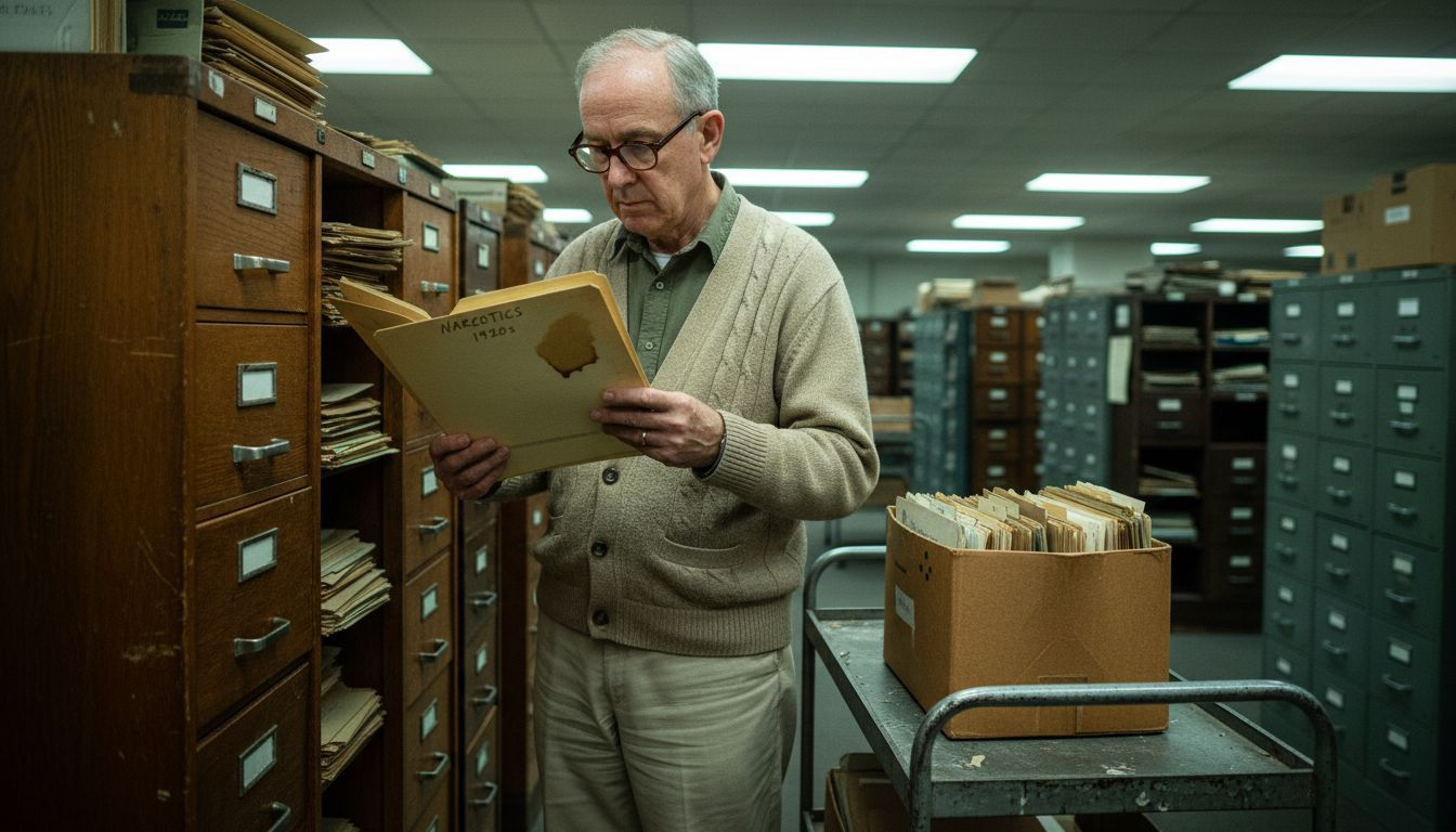 Archivist sorting vintage cannabis records