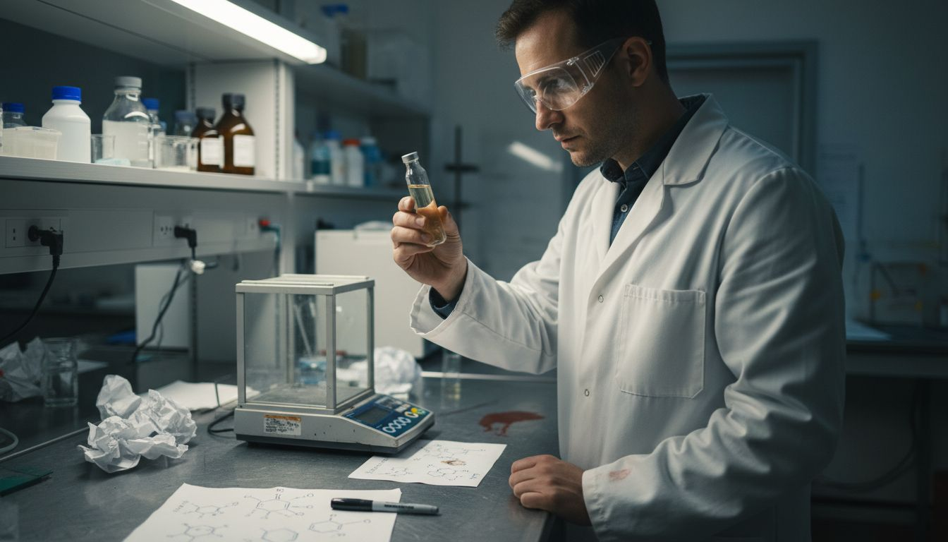 Lab technician examining vial in laboratory