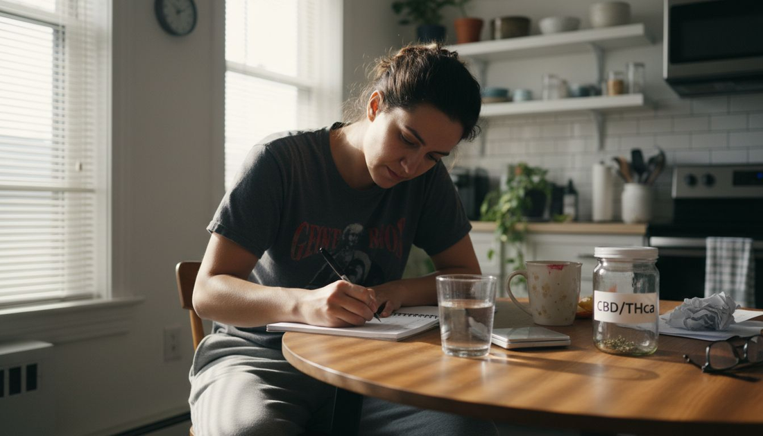 Person journaling cbd thca dosage at home