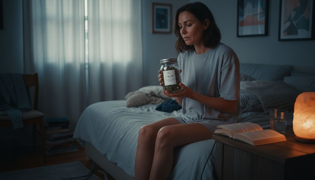 Woman checking CBD flower bedtime routine