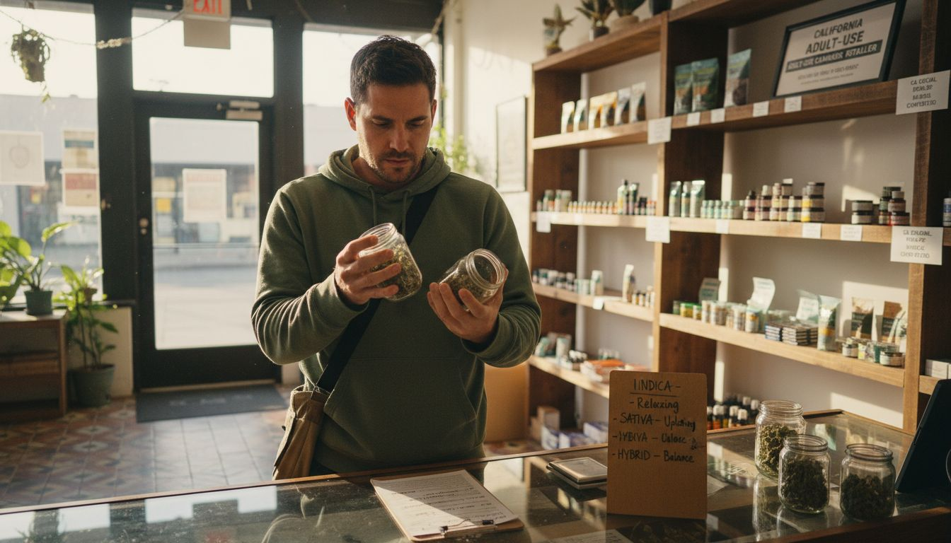 Customer comparing cannabis options in dispensary