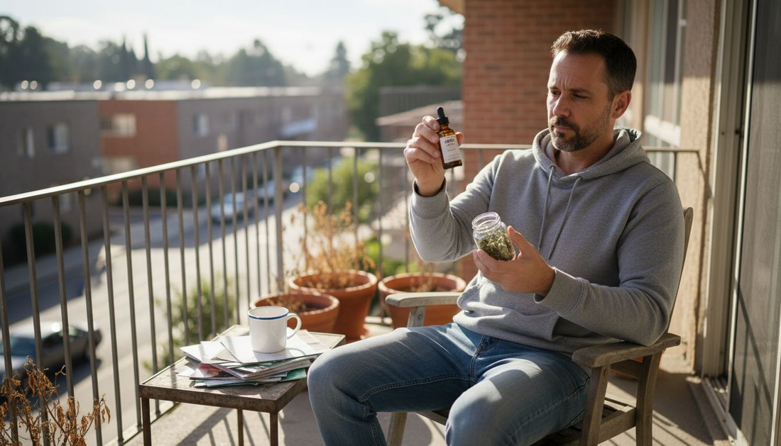 Man holding CBD oil and hemp flower jar