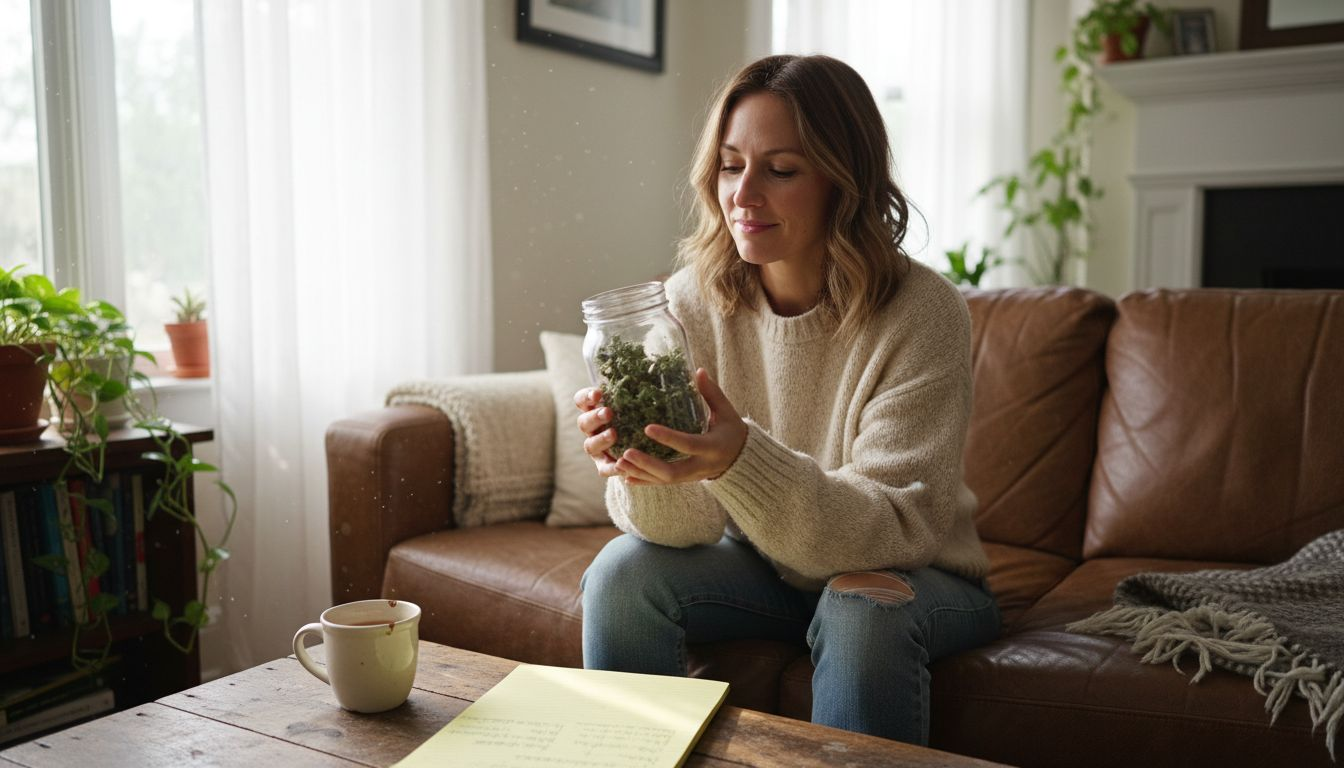 Woman holding jar of hemp flower for inflammation