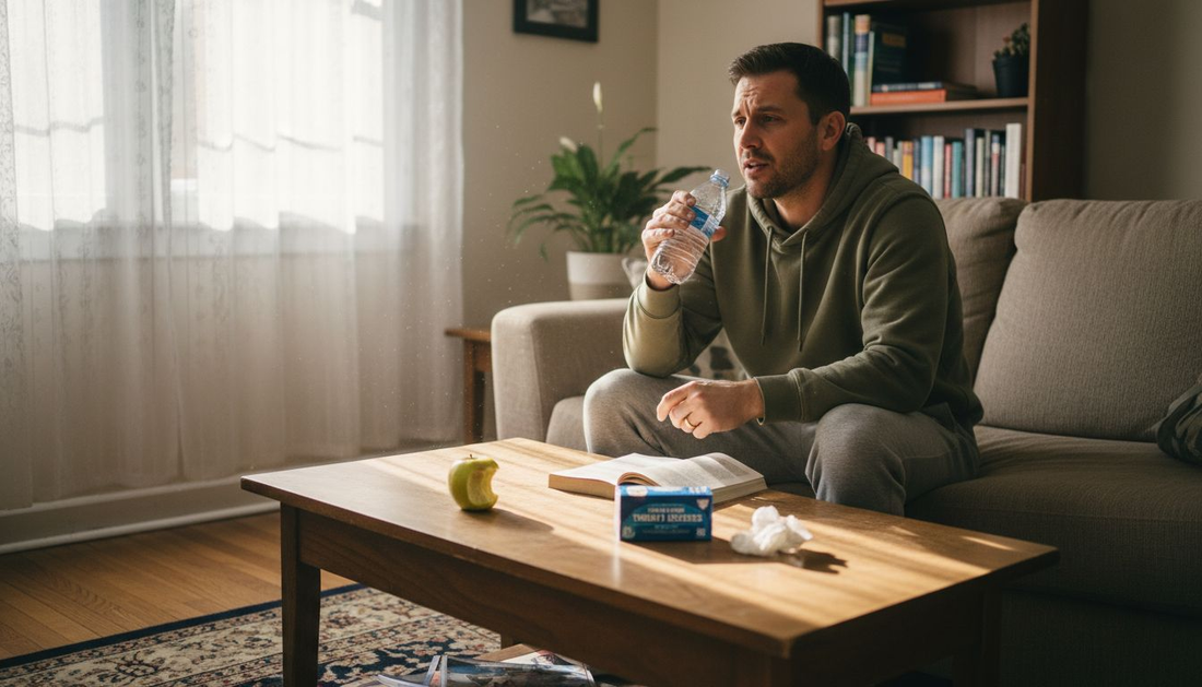 Man drinking water to relieve cannabis dry mouth