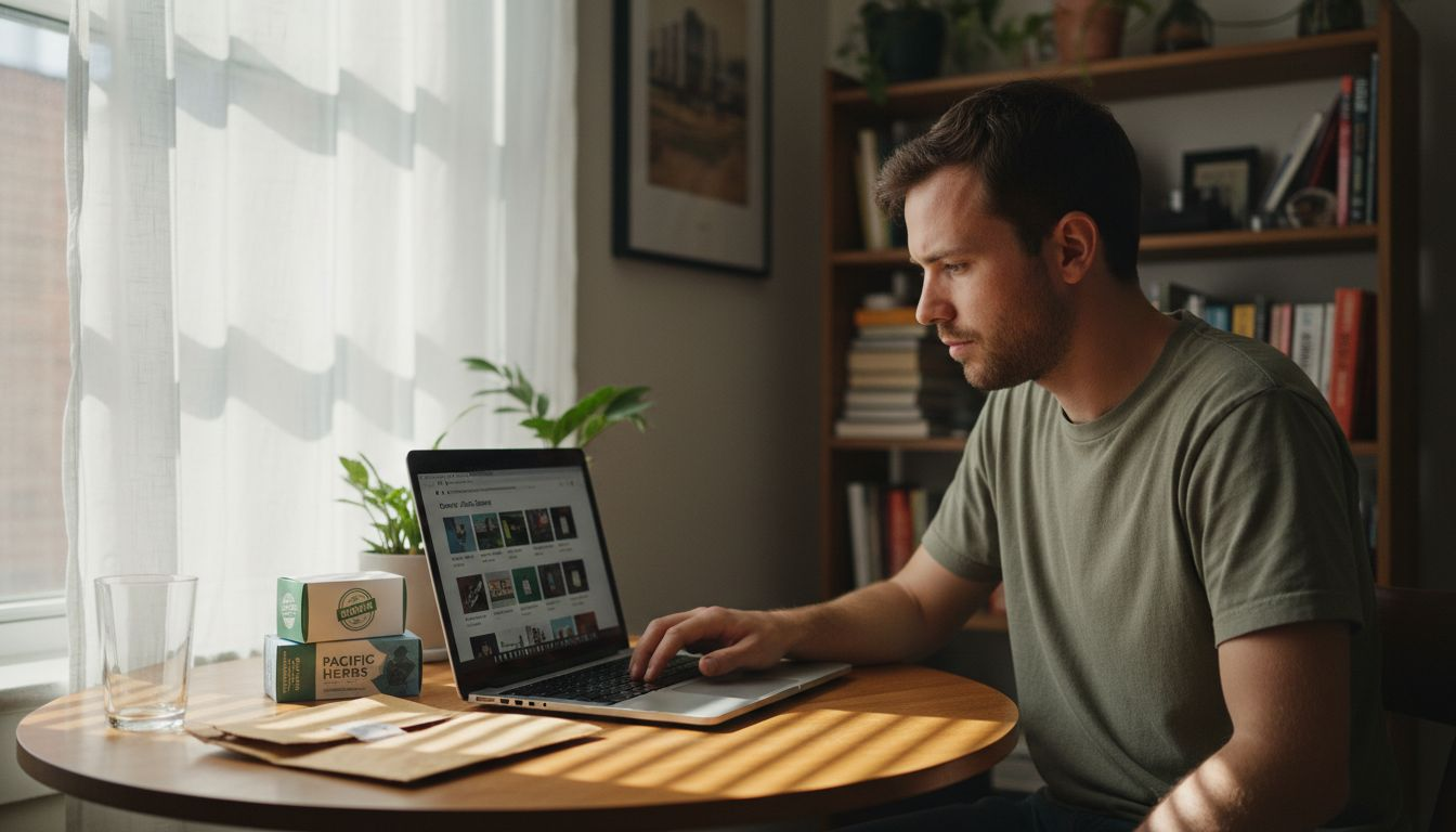 Man browsing online cannabis marketplace at kitchen table