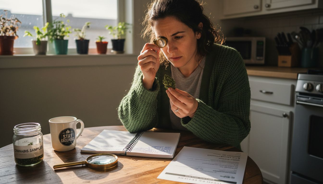 Woman closely inspecting cannabis flower sample
