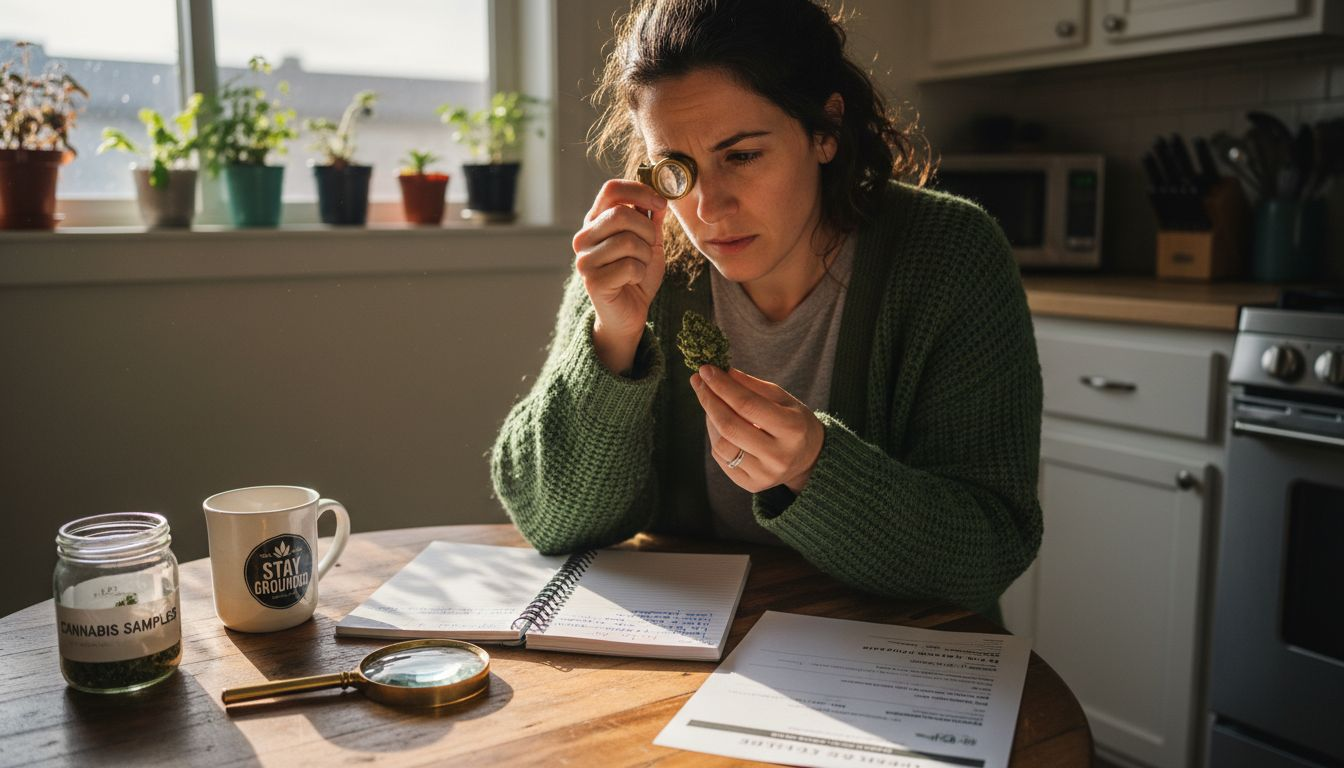 Woman closely inspecting cannabis flower sample